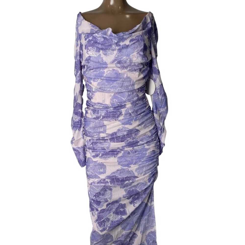 STAUD Women's Solana Maxi Dress Size S Purple – Ruched, Antique Floral Print